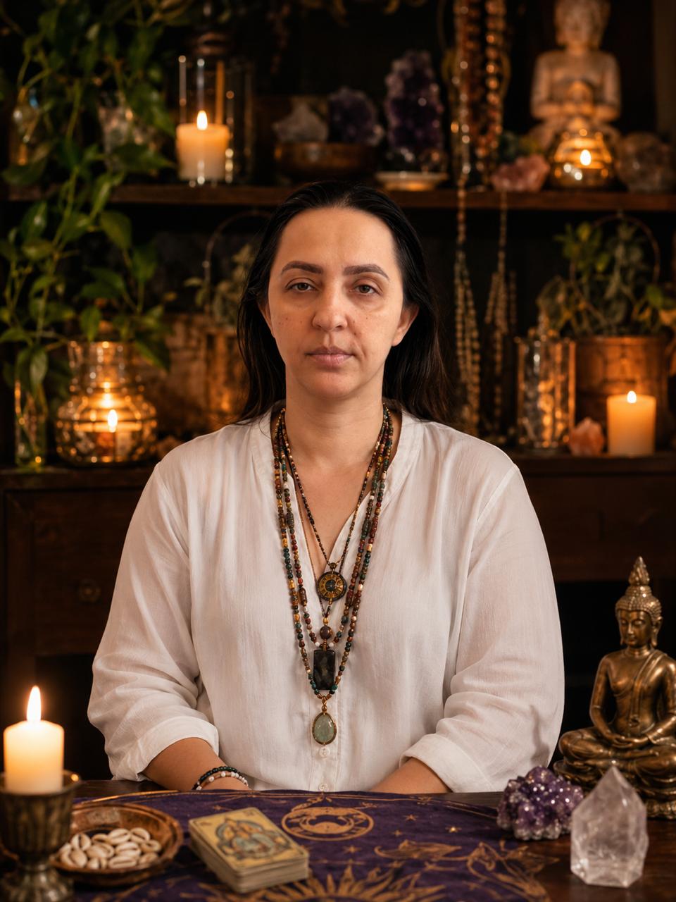 Mãe Marta, astróloga e taróloga, em sua mesa de trabalho espiritual com búzios, tarô e velas.